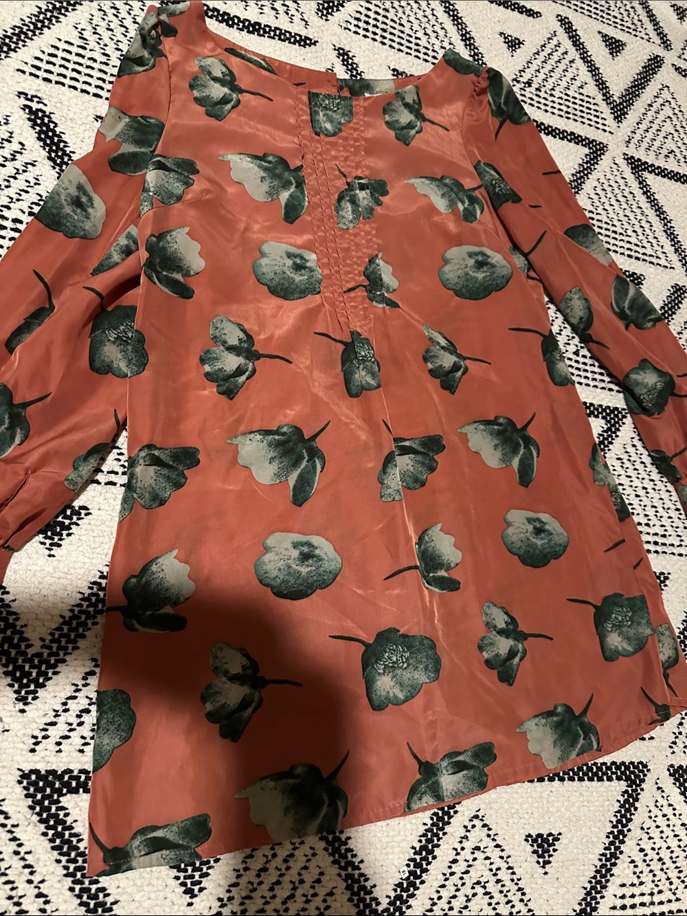 Blu Pepper Rust Floral Long Sleeve Shift Dress with Green Print